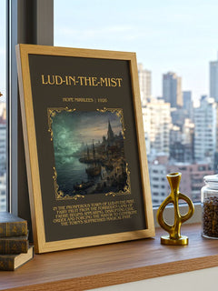Lud-in-the-Mist Minimalist Book Poster by Hope Mirrlees – framed print on a city-view windowsill
