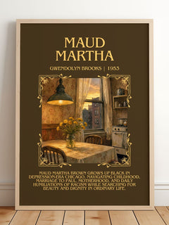 Maud Martha Minimalist Book Poster by Gwendolyn Brooks – framed print leaning on a wooden floor