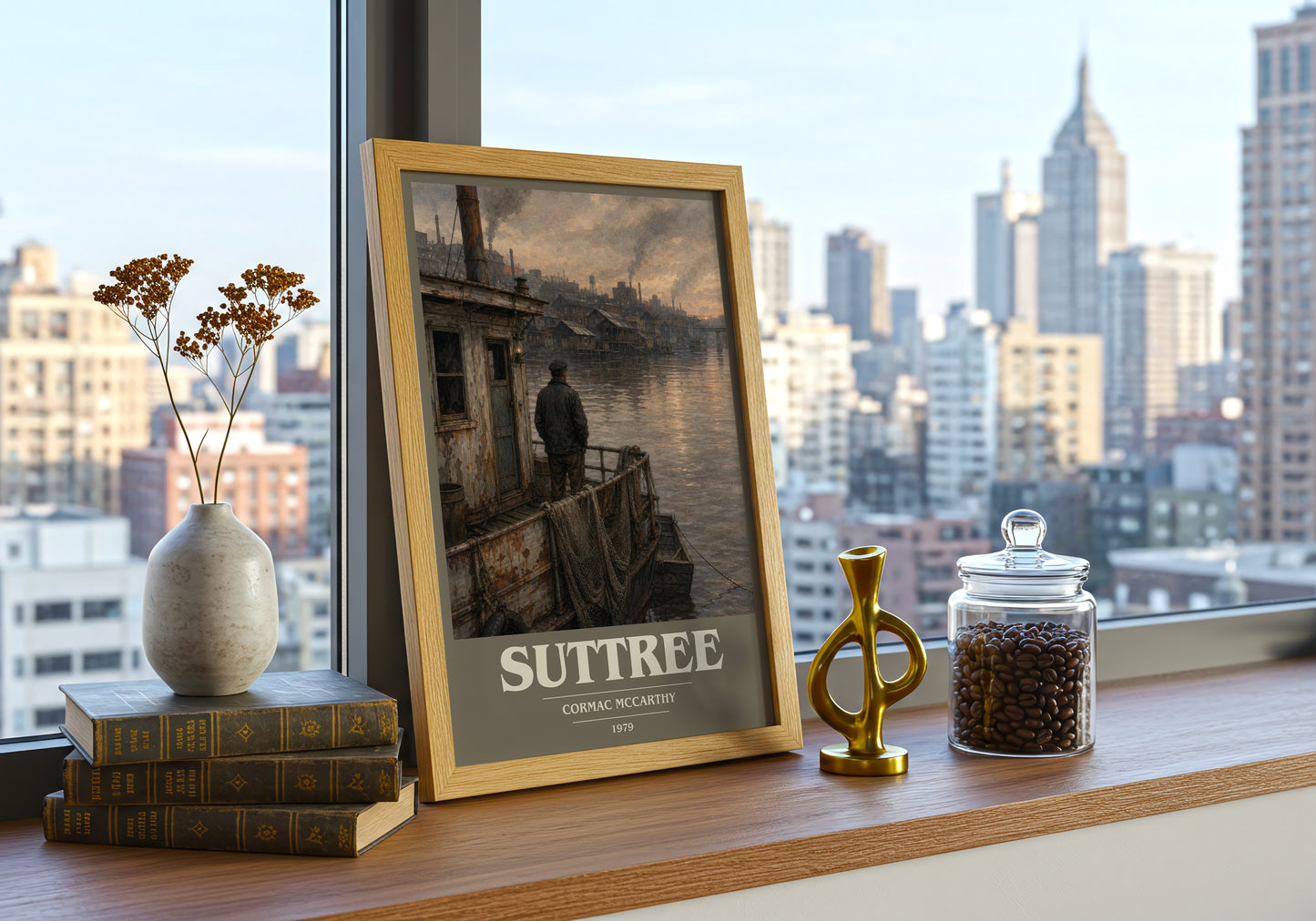 Suttree book cover print framed by window – literary home decor