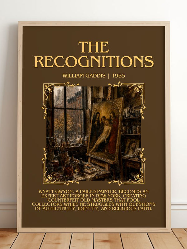 The Recognitions Minimalist Book Poster by William Gaddis – framed print leaning on a wooden floor