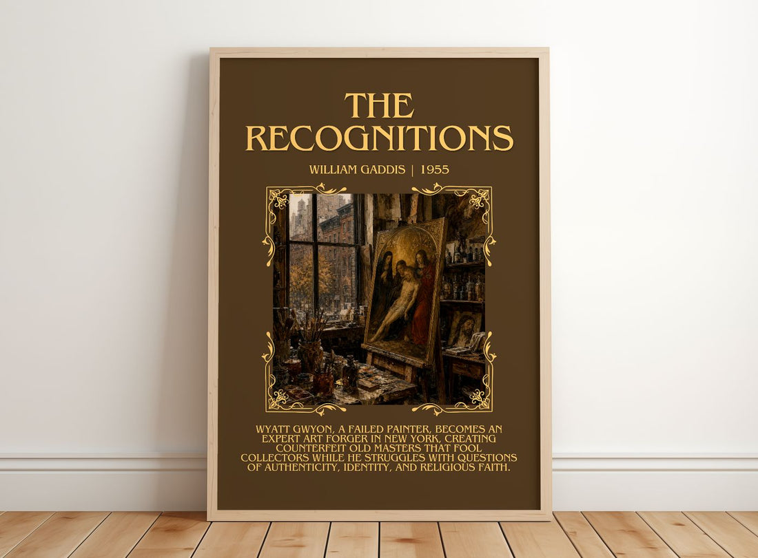 The Recognitions Minimalist Book Poster by William Gaddis – framed print leaning on a wooden floor