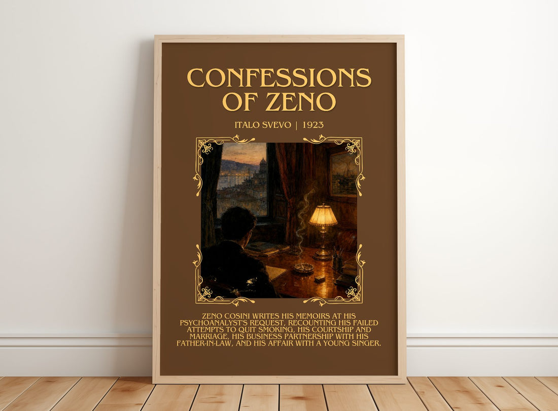 Confessions of Zeno Minimalist Book Poster by Italo Svevo – framed print leaning on a wooden floor