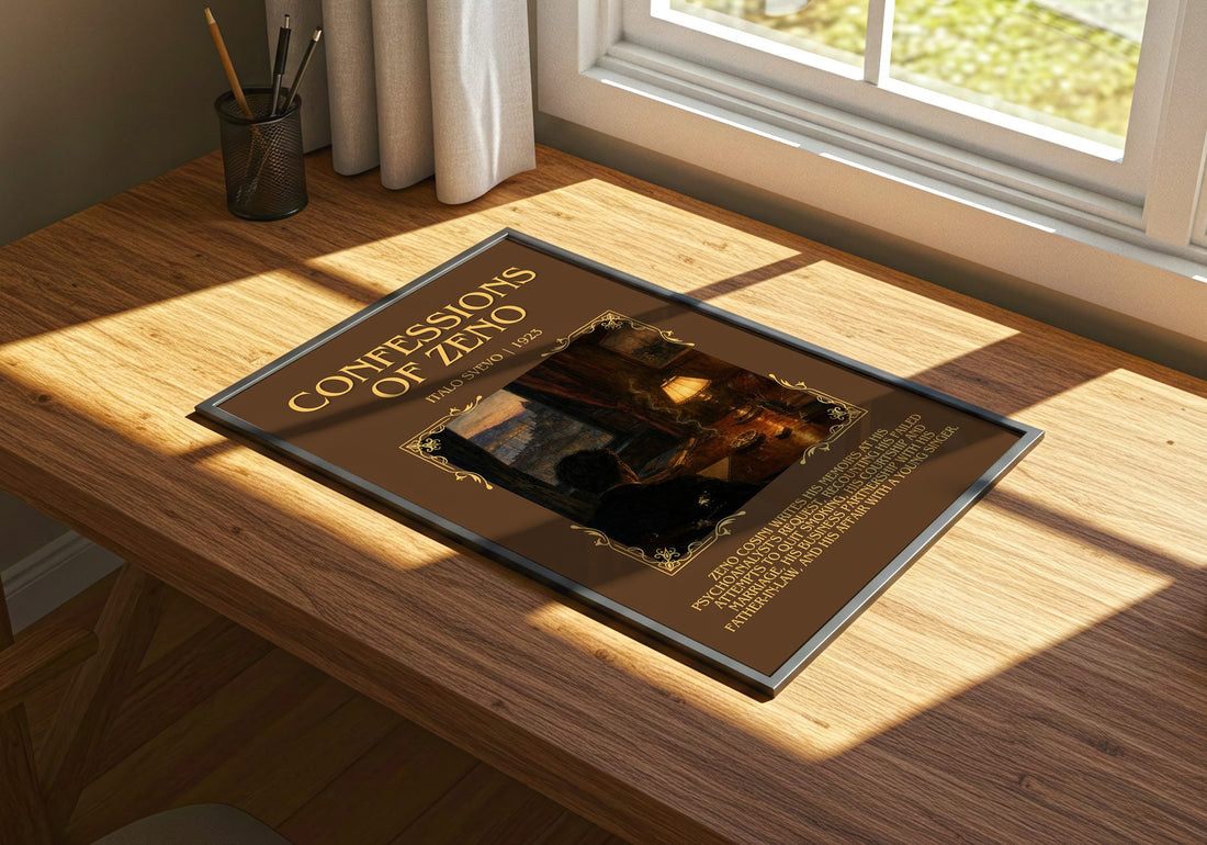Confessions of Zeno Minimalist Book Poster by Italo Svevo – print on a sunlit desk