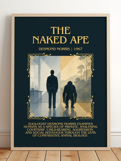 The Naked Ape Minimalist Book Poster by Desmond Morris – framed print leaning on a wooden floor
