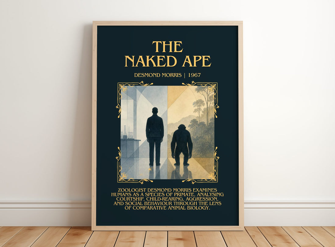 The Naked Ape Minimalist Book Poster by Desmond Morris – framed print leaning on a wooden floor