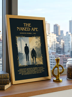 The Naked Ape Minimalist Book Poster by Desmond Morris – framed print on a city-view windowsill