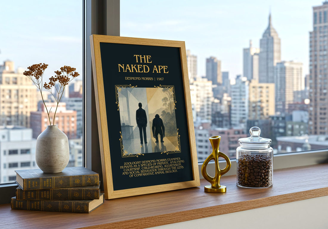 The Naked Ape Minimalist Book Poster by Desmond Morris – framed print on a city-view windowsill