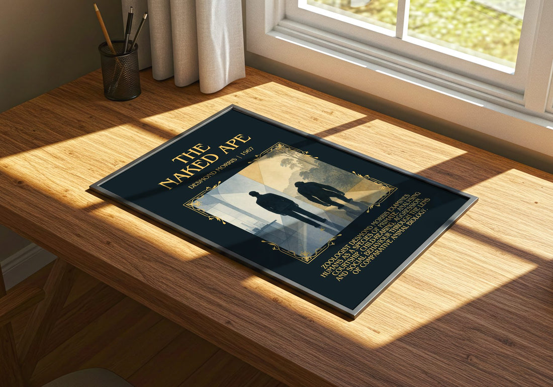 The Naked Ape Minimalist Book Poster by Desmond Morris – print on a sunlit desk