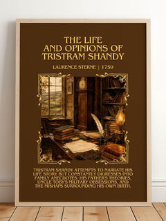 The Life And Opinions Of Tristram Shandy Minimalist Book Poster by Laurence Sterne – framed print leaning on a wooden floor