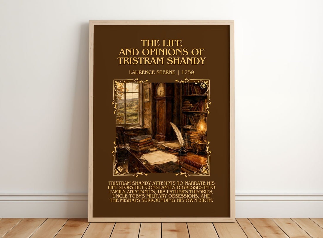 The Life And Opinions Of Tristram Shandy Minimalist Book Poster by Laurence Sterne – framed print leaning on a wooden floor
