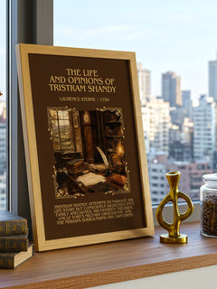 The Life And Opinions Of Tristram Shandy Minimalist Book Poster by Laurence Sterne – framed print on a city-view windowsill