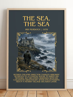 The Sea, The Sea Minimalist Book Poster by Iris Murdoch – framed print leaning on a wooden floor