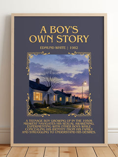 A Boy's Own Story Minimalist Book Poster by Edmund White – framed print leaning on a wooden floor