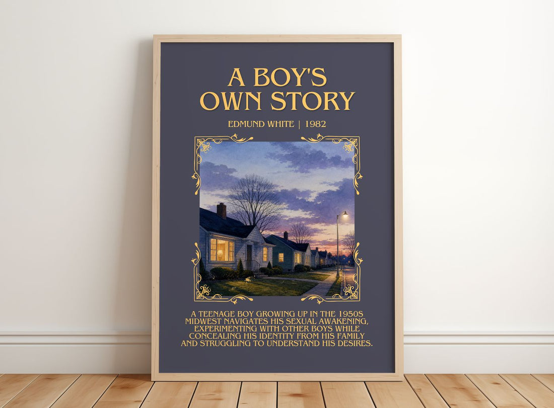 A Boy's Own Story Minimalist Book Poster by Edmund White – framed print leaning on a wooden floor