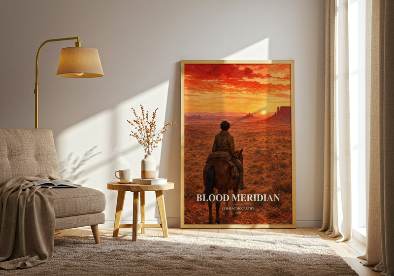 Blood Meridian watercolour print in frame leaning in hallway – historical fiction wall art