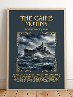 The Caine Mutiny Minimalist Book Poster by Herman Wouk – framed print leaning on a wooden floor