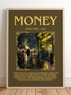 Money Minimalist Book Poster by Martin Amis – framed print leaning on a wooden floor
