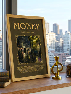 Money Minimalist Book Poster by Martin Amis – framed print on a city-view windowsill
