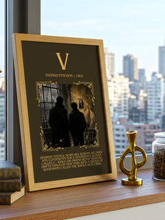 V Minimalist Book Poster by Thomas Pynchon – framed print on a city-view windowsill