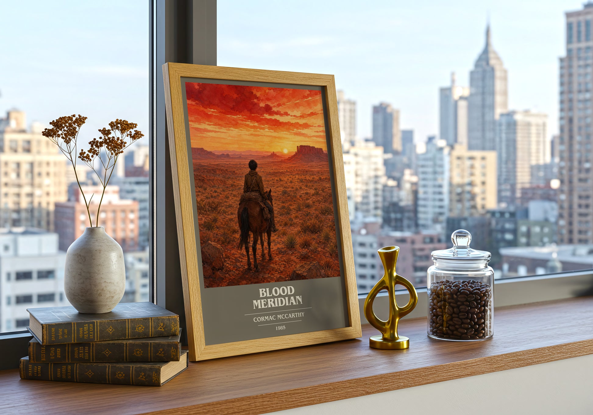 Blood Meridian book cover print framed by window – literary home decor
