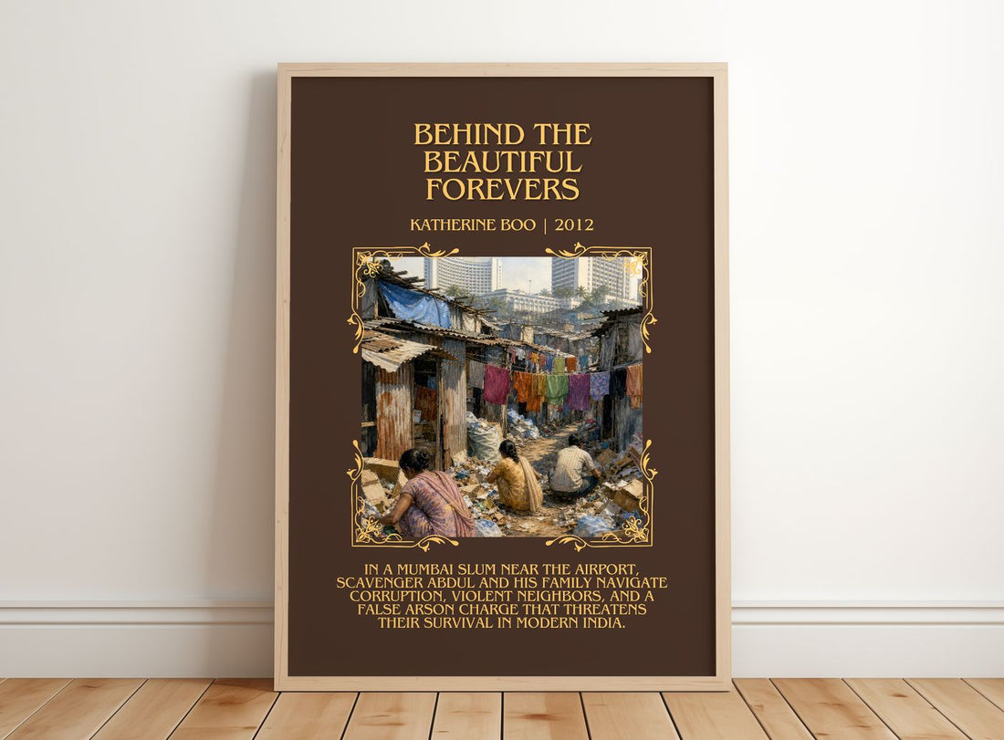 Behind the Beautiful Forevers Minimalist Book Poster by Katherine Boo – framed print leaning on a wooden floor