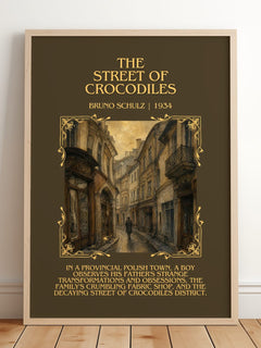 The Street of Crocodiles Minimalist Book Poster by Bruno Schulz – framed print leaning on a wooden floor