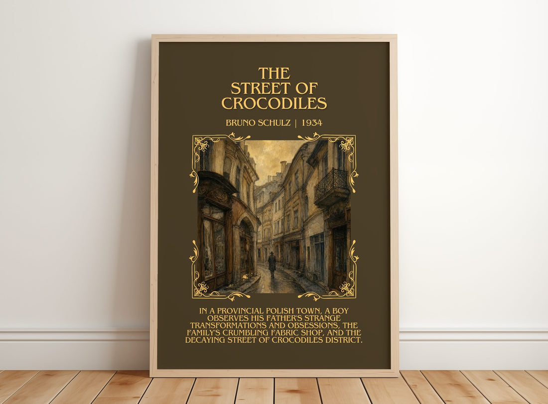 The Street of Crocodiles Minimalist Book Poster by Bruno Schulz – framed print leaning on a wooden floor