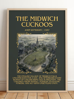 The Midwich Cuckoos Minimalist Book Poster by John Wyndham – framed print leaning on a wooden floor