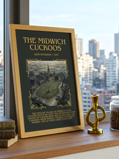 The Midwich Cuckoos Minimalist Book Poster by John Wyndham – framed print on a city-view windowsill