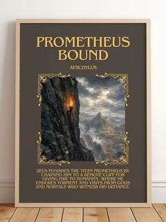 Prometheus Bound Minimalist Book Poster by Aeschylus – framed print leaning on a wooden floor