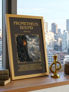 Prometheus Bound Minimalist Book Poster by Aeschylus – framed print on a city-view windowsill