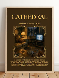 Cathedral Minimalist Book Poster by Raymond Carver – framed print leaning on a wooden floor