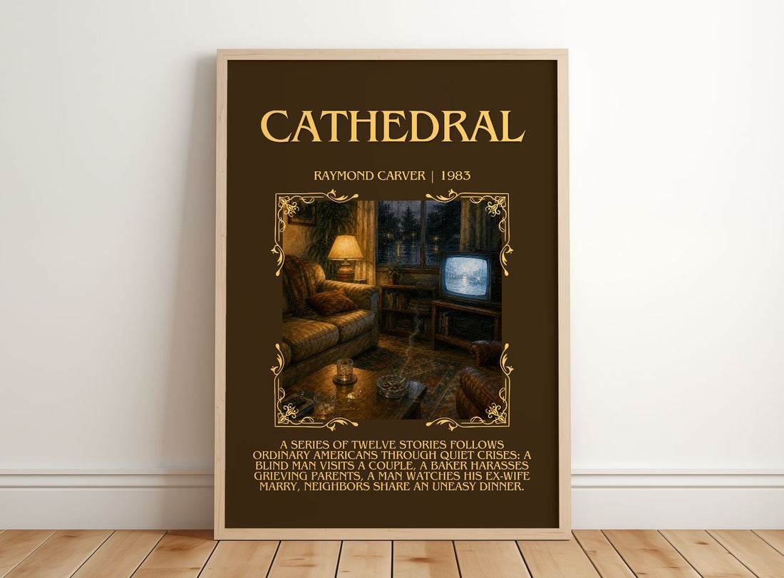 Cathedral Minimalist Book Poster by Raymond Carver – framed print leaning on a wooden floor