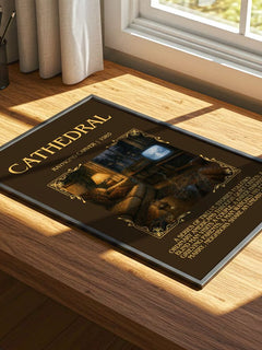Cathedral Minimalist Book Poster by Raymond Carver – print on a sunlit desk