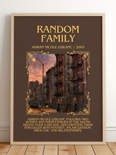 Random Family Minimalist Book Poster by Adrian Nicole LeBlanc – framed print leaning on a wooden floor