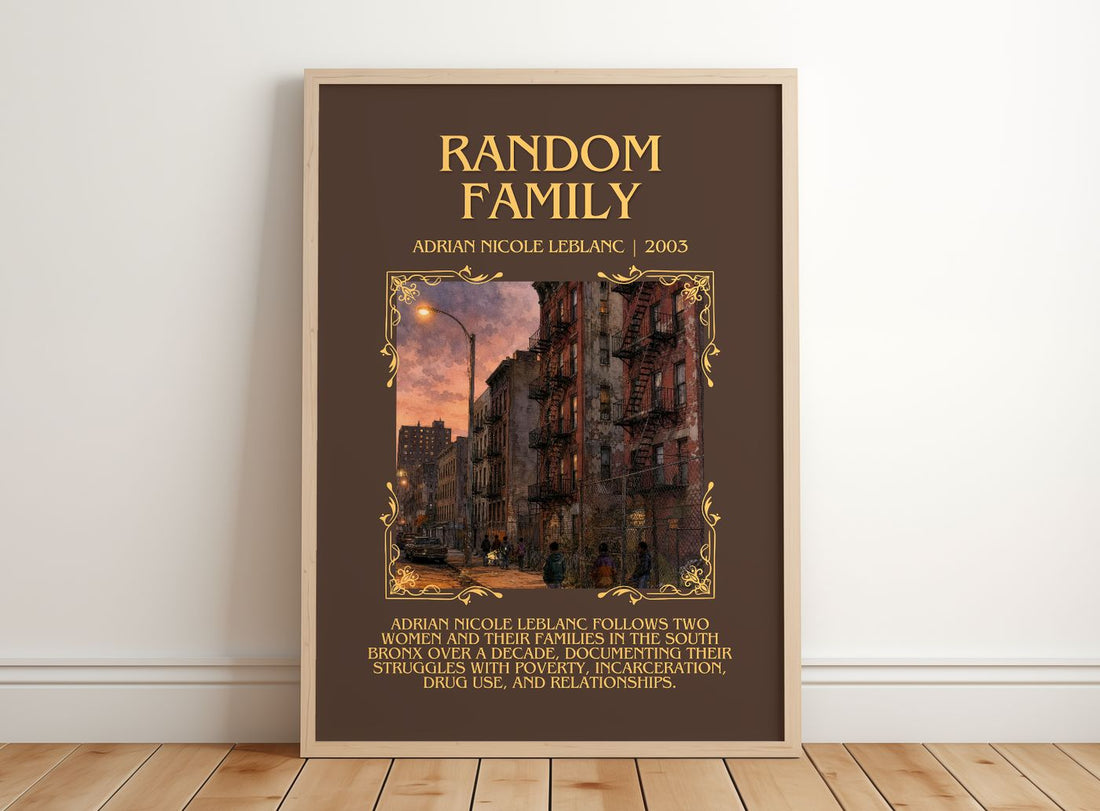 Random Family Minimalist Book Poster by Adrian Nicole LeBlanc – framed print leaning on a wooden floor