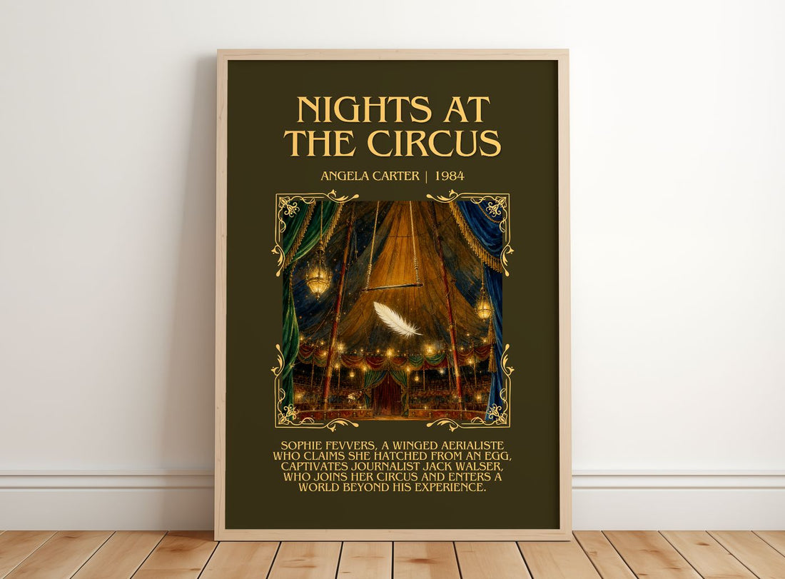 Nights At The Circus Minimalist Book Poster by Angela Carter – framed print leaning on a wooden floor