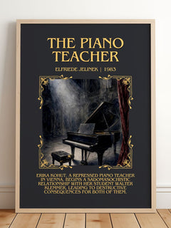 The Piano Teacher Minimalist Book Poster by Elfriede Jelinek – framed print leaning on a wooden floor