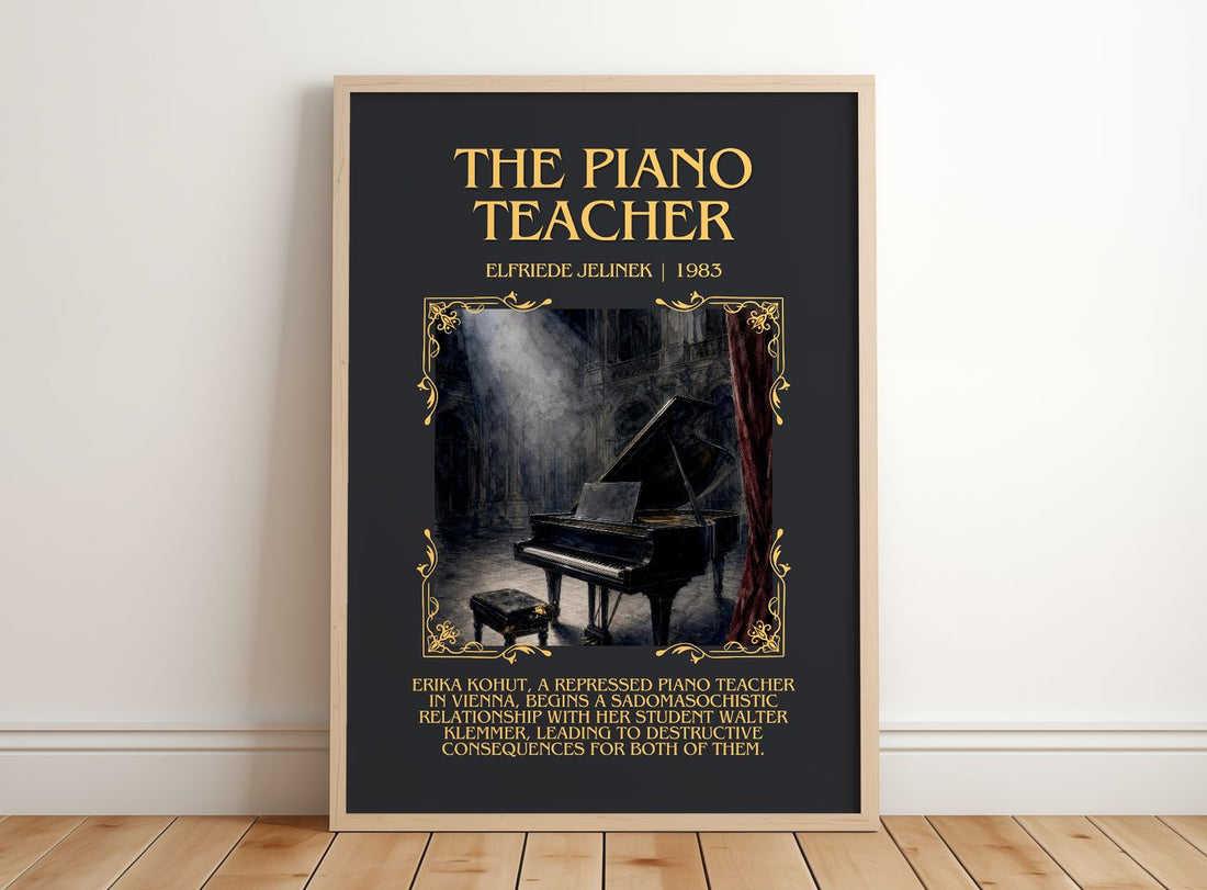 The Piano Teacher Minimalist Book Poster by Elfriede Jelinek – framed print leaning on a wooden floor