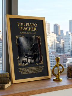 The Piano Teacher Minimalist Book Poster by Elfriede Jelinek – framed print on a city-view windowsill