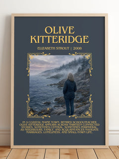 Olive Kitteridge Minimalist Book Poster by Elizabeth Strout – framed print leaning on a wooden floor