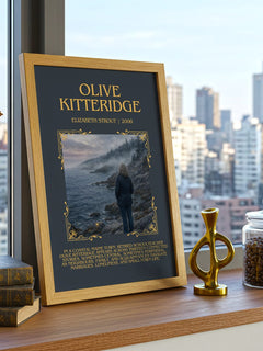 Olive Kitteridge Minimalist Book Poster by Elizabeth Strout – framed print on a city-view windowsill