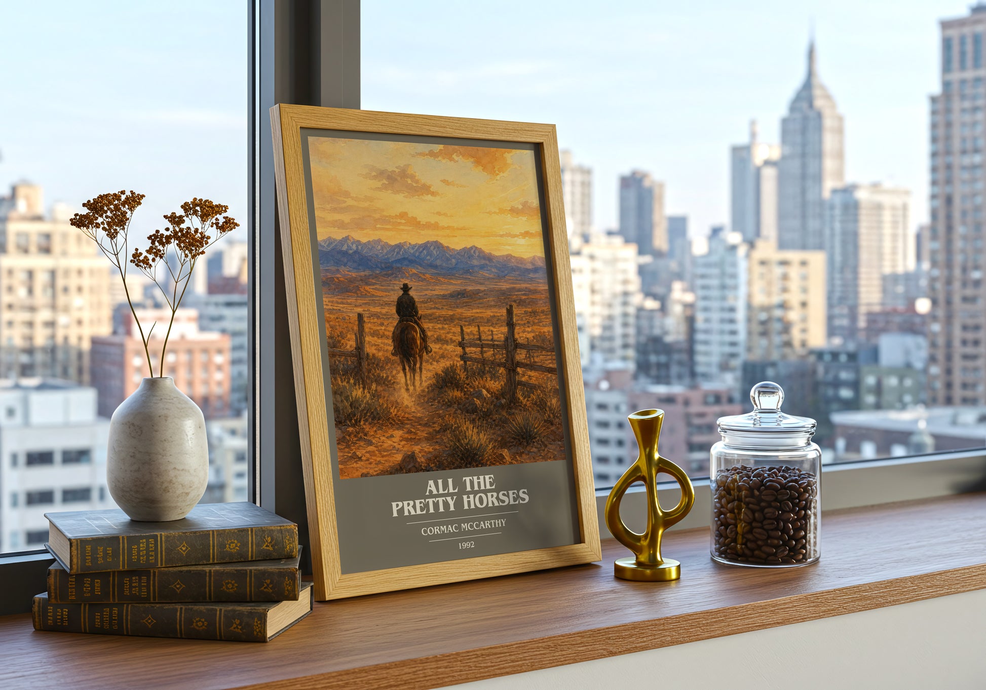 All The Pretty Horses book cover print framed by window – literary home decor