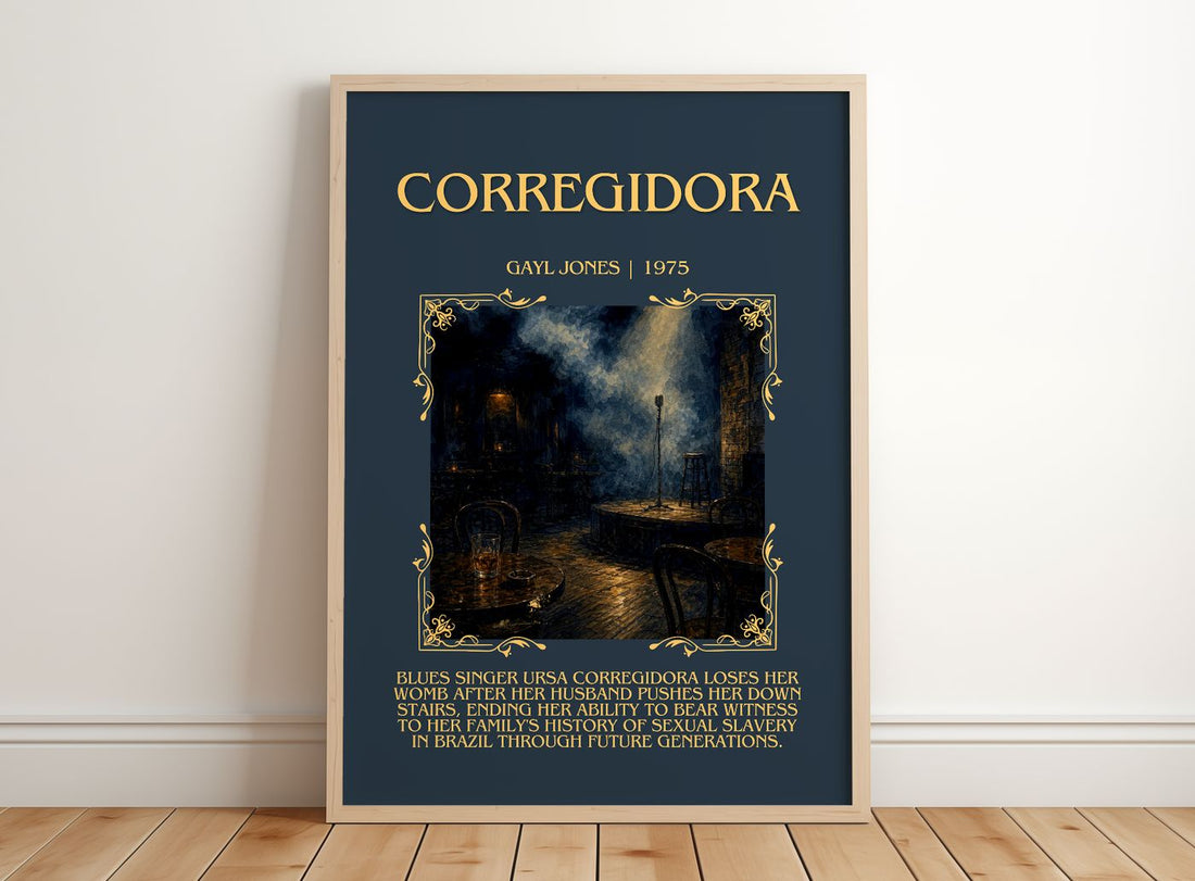 Corregidora Minimalist Book Poster by Gayl Jones – framed print leaning on a wooden floor