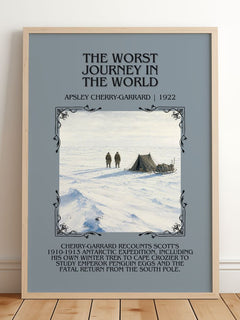 Worst Journey in the World Minimalist Book Poster by A. Cherry-Garrard – framed print leaning on a wooden floor