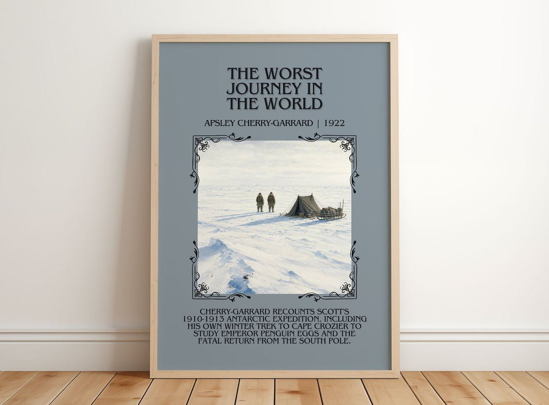 Worst Journey in the World Minimalist Book Poster by A. Cherry-Garrard – framed print leaning on a wooden floor