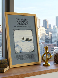 Worst Journey in the World Minimalist Book Poster by A. Cherry-Garrard – framed print on a city-view windowsill