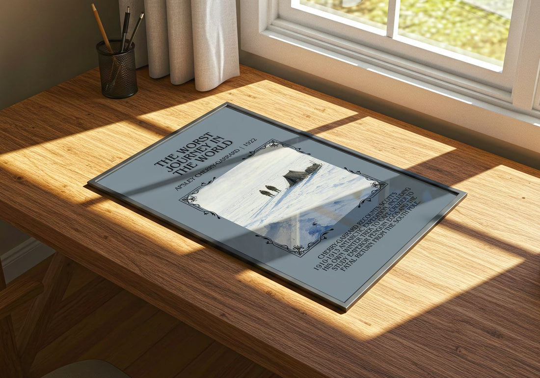 Worst Journey in the World Minimalist Book Poster by A. Cherry-Garrard – print on a sunlit desk