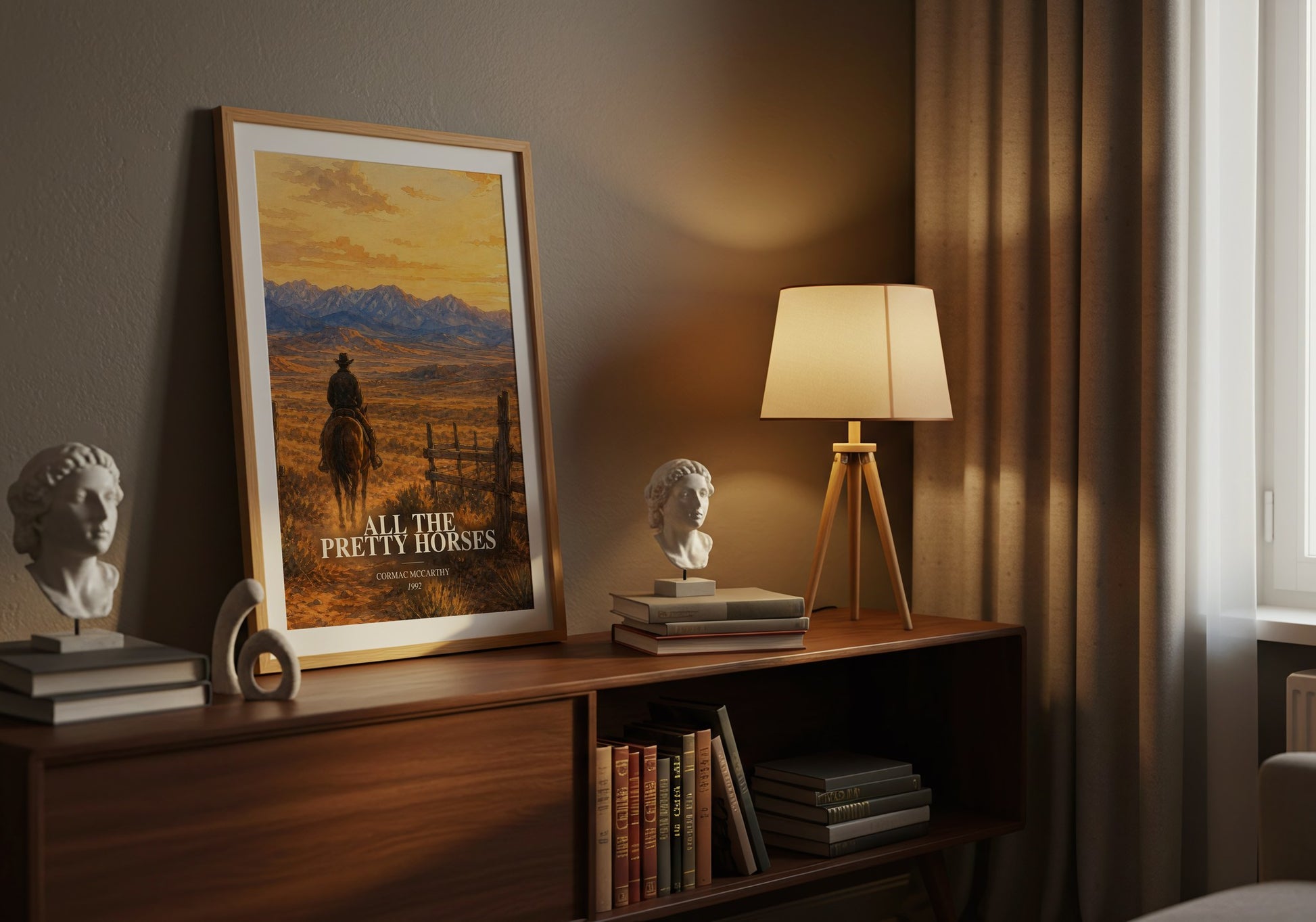 All The Pretty Horses watercolour print on bookshelf – Cormac Mccarthy fan gift