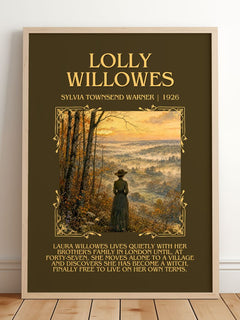 Lolly Willowes Minimalist Book Poster by Sylvia Townsend Warner – framed print leaning on a wooden floor